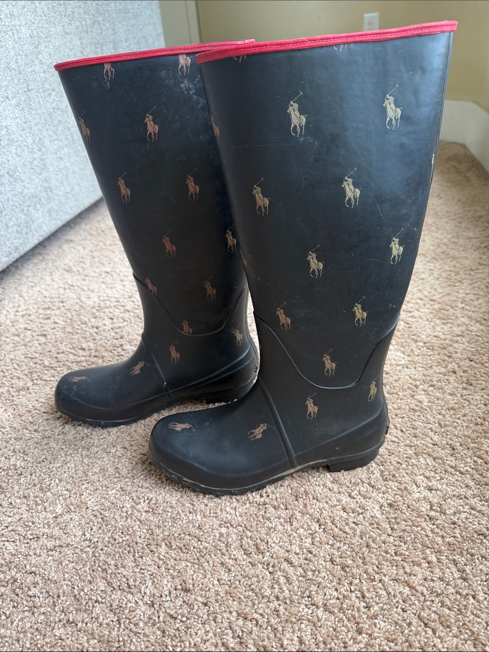 Polo by Ralph Lauren Black Tall Rain Boots with Red Trim and Gold Pony Print